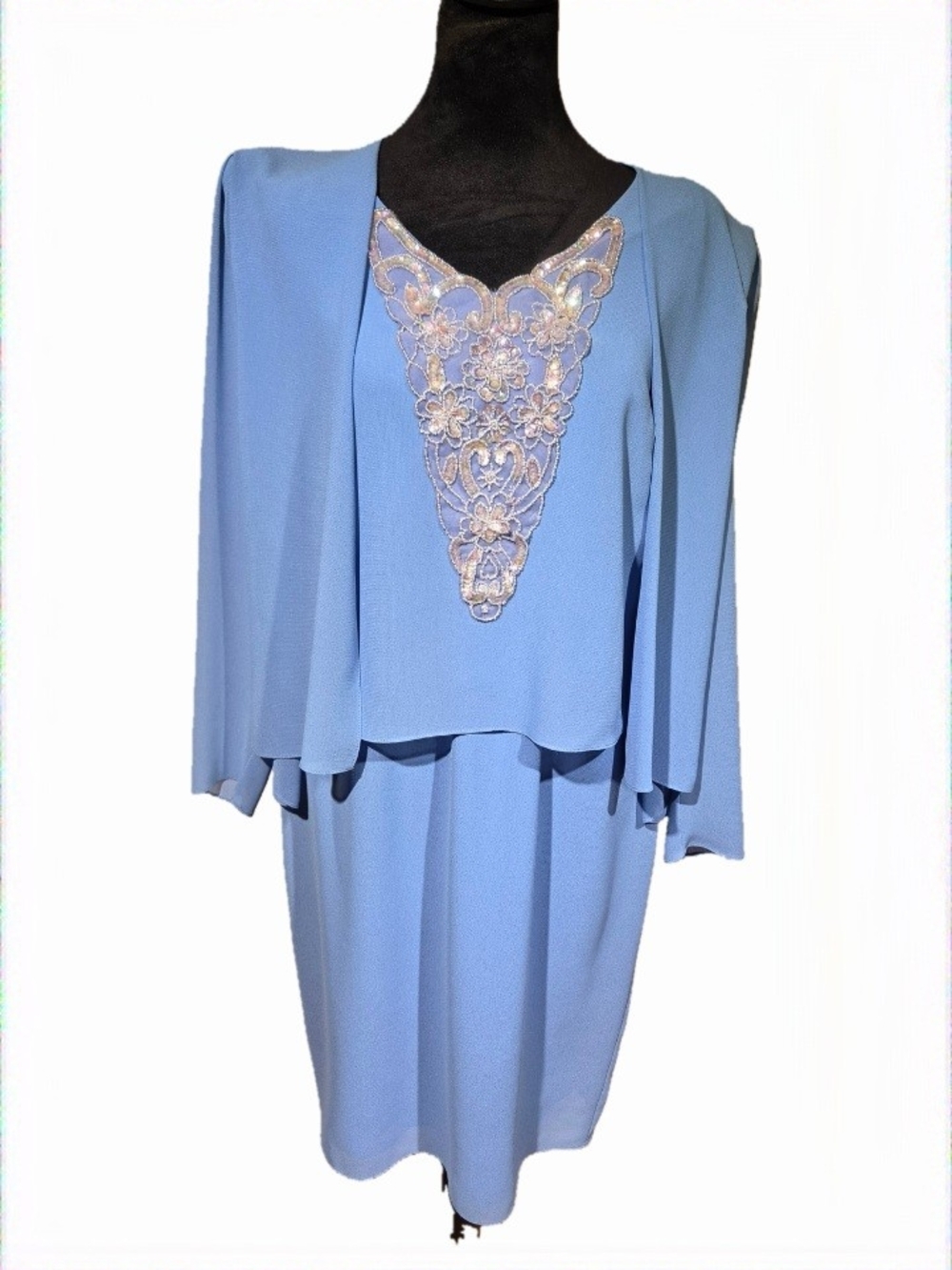 Vintage Ursula of Switzerland Blue Sheath Dress Floral Sequin Appliqué Capelet
